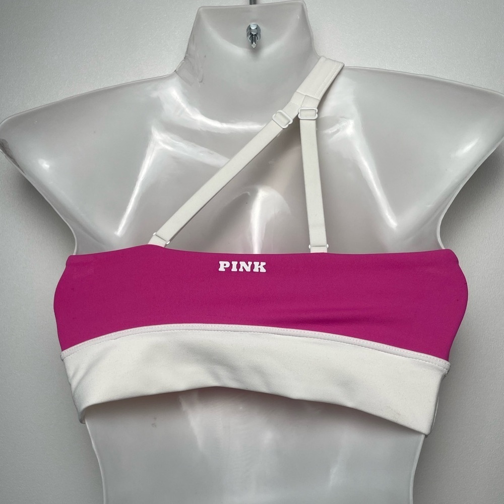 PINK VS RELAY ONE-SHOULDER SPORTS BRA Pink White Women size XS/S - Picture 4 of 6